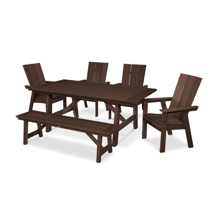 POLYWOOD Modern Curveback Adirondack 6-Piece Rustic Farmhouse Dining Set with Bench FREE SHIPPING
