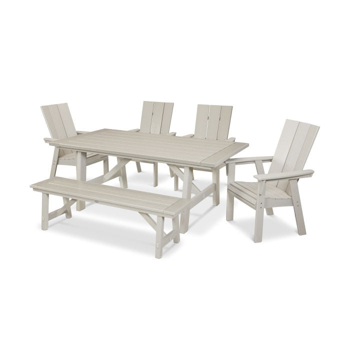 POLYWOOD Modern Curveback Adirondack 6-Piece Rustic Farmhouse Dining Set with Bench FREE SHIPPING