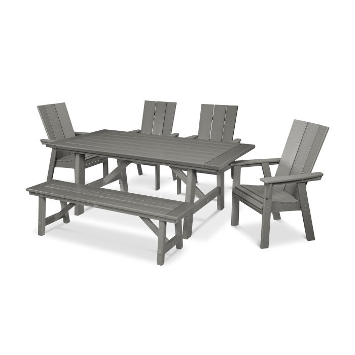 POLYWOOD Modern Curveback Adirondack 6-Piece Rustic Farmhouse Dining Set with Bench FREE SHIPPING