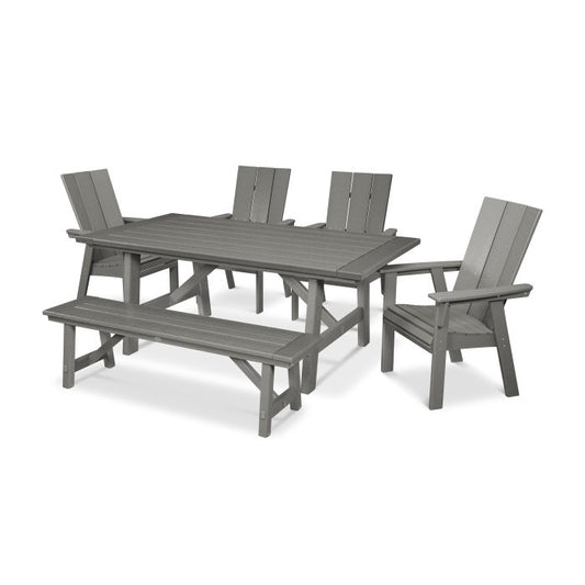 Polywood - Modern Curveback Adirondack 6-Piece Rustic Farmhouse Dining Set with Bench - FREE SHIPPING