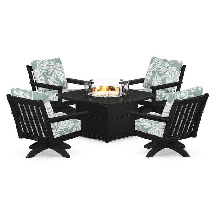 POLYWOOD  Vineyard 5-Piece Deep Seating Swivel Conversation Set with Fire Pit Table                                                      FREE SHIPPING
