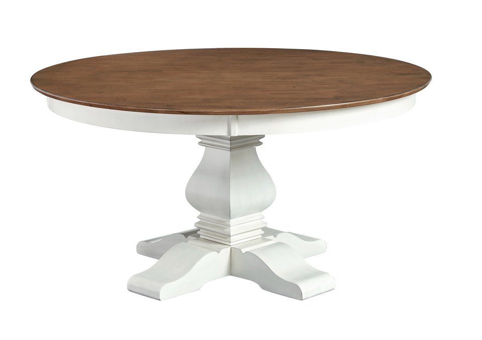 Vista - 60" Round Table Top w/ Banks Pedestal Base in Hickory & Shell