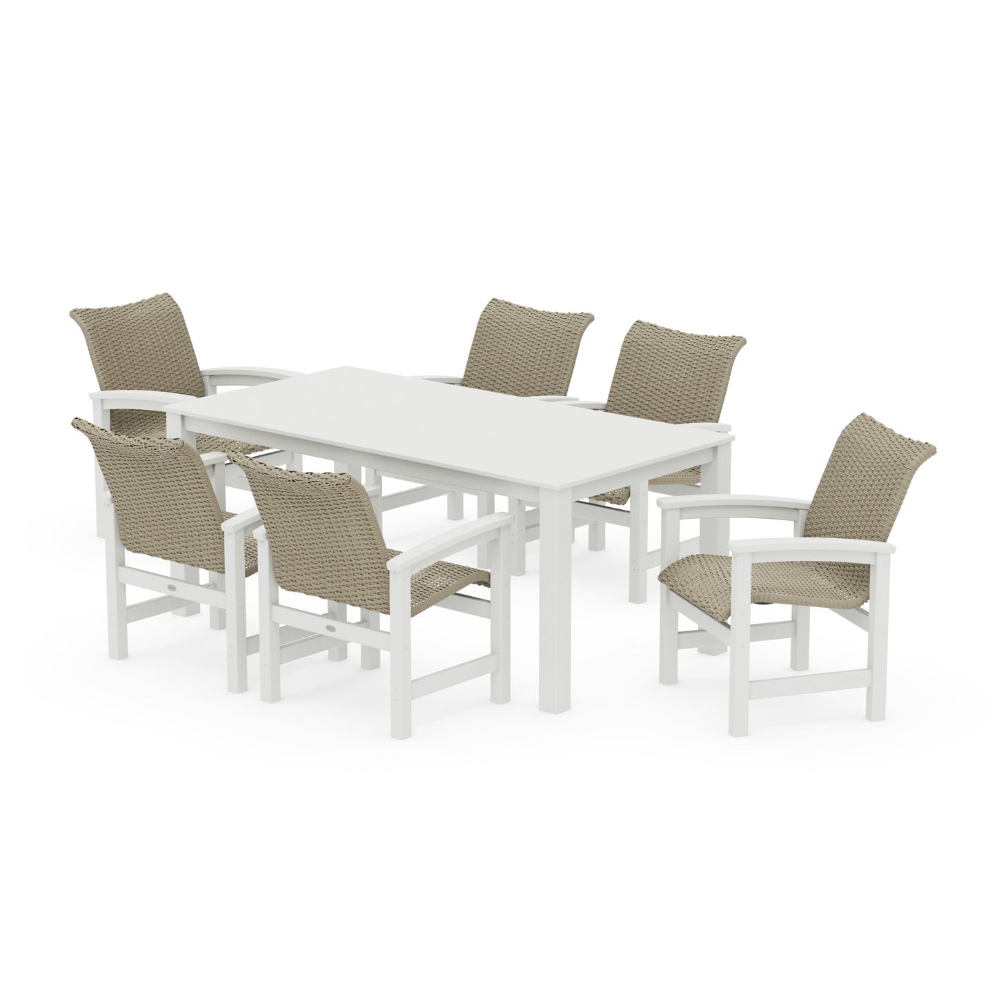 POLYWOOD Coastal Woven Arm Chair 7-Piece Parsons Dining Set — White / Dune Grass