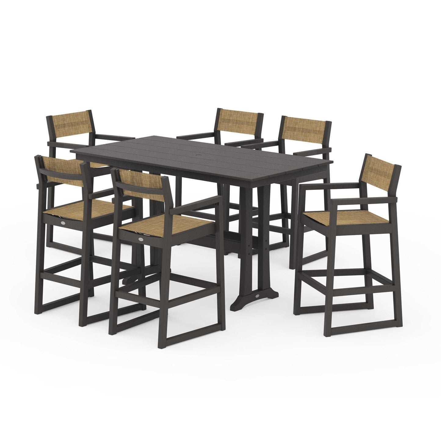 POLYWOOD EDGE Sling Arm Chair 7-Piece Farmhouse Bar Set with Trestle Legs — Vintage Coffee / Burlap Sling
