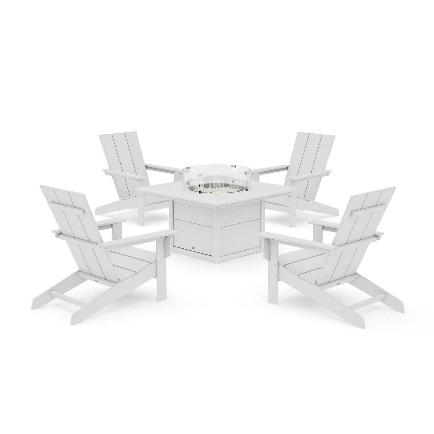 POLYWOOD 5-Piece Modern Studio Adirondack Conversation Set with Fire Pit Table — Vintage White