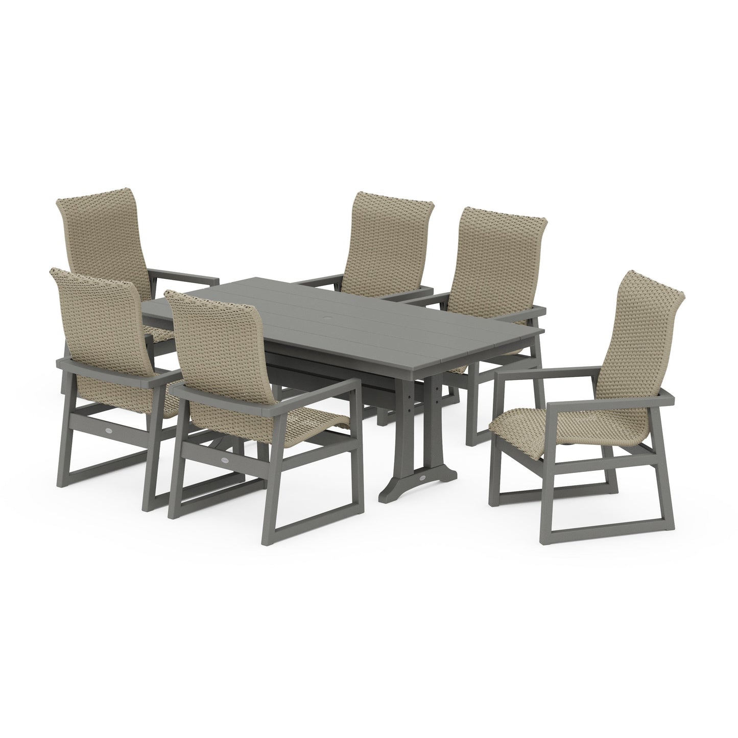 POLYWOOD EDGE Woven Highback Arm Chair 7-Piece Farmhouse Dining Set with Trestle Legs — Slate Grey / Dune Grass