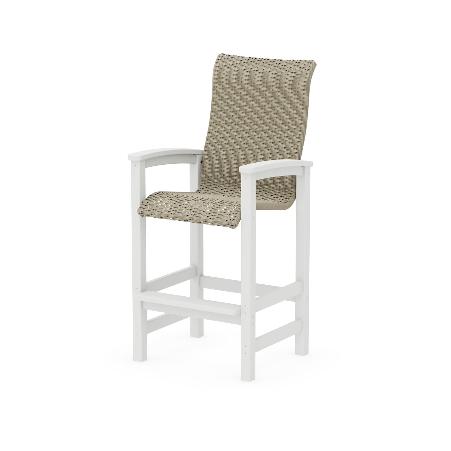 POLYWOOD Coastal Woven High-Back Bar Chair — White / Dune Grass