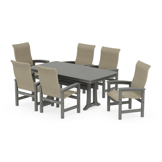 POLYWOOD Coastal Woven High-Back Arm Chair 7-Piece Dining Set with Trestle Legs — Slate Grey / Dune Grass