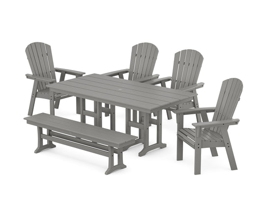 POLYWOOD Nautical Curveback Adirondack 6-Piece Farmhouse Dining Set with Bench — Slate Grey