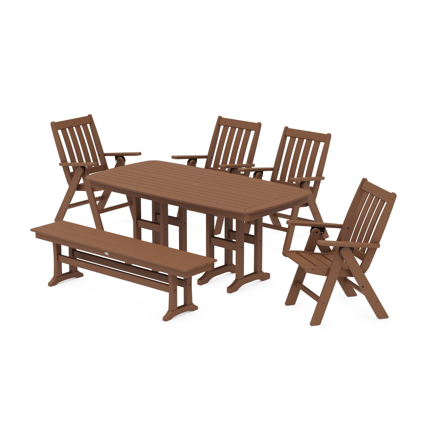 POLYWOOD Vineyard Folding Chair 6-Piece Dining Set with Bench — Teak