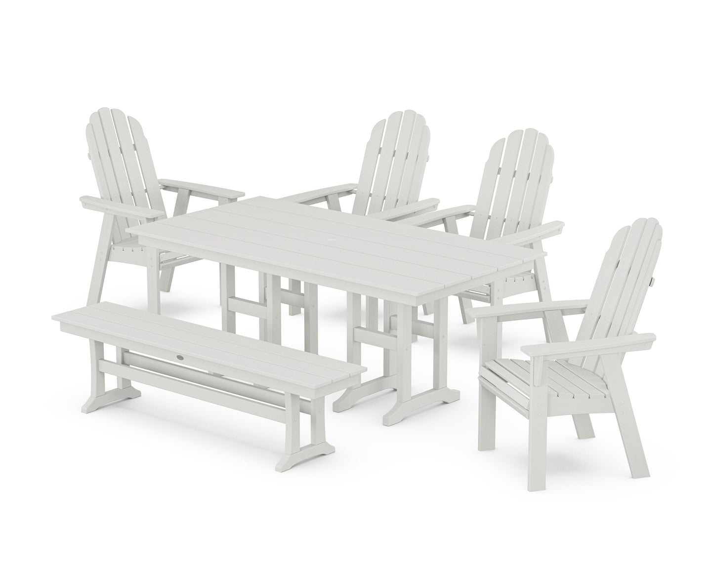 POLYWOOD Vineyard Curveback Adirondack Chair 6-Piece Farmhouse Dining Set with Bench — Vintage White