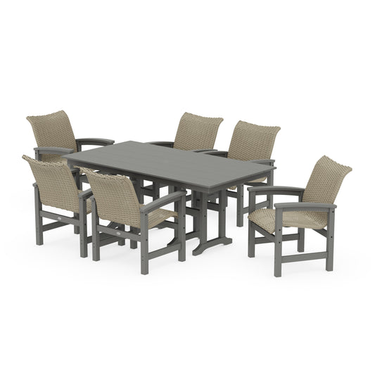 POLYWOOD Coastal Woven Arm Chair 7-Piece Farmhouse Dining Set — Slate Grey / Dune Grass