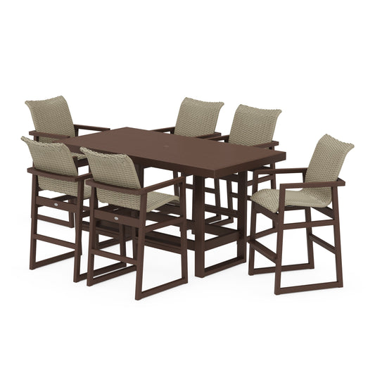 POLYWOOD EDGE Woven Arm Chair 7-Piece Bar Set — Mahogany / Dune Grass