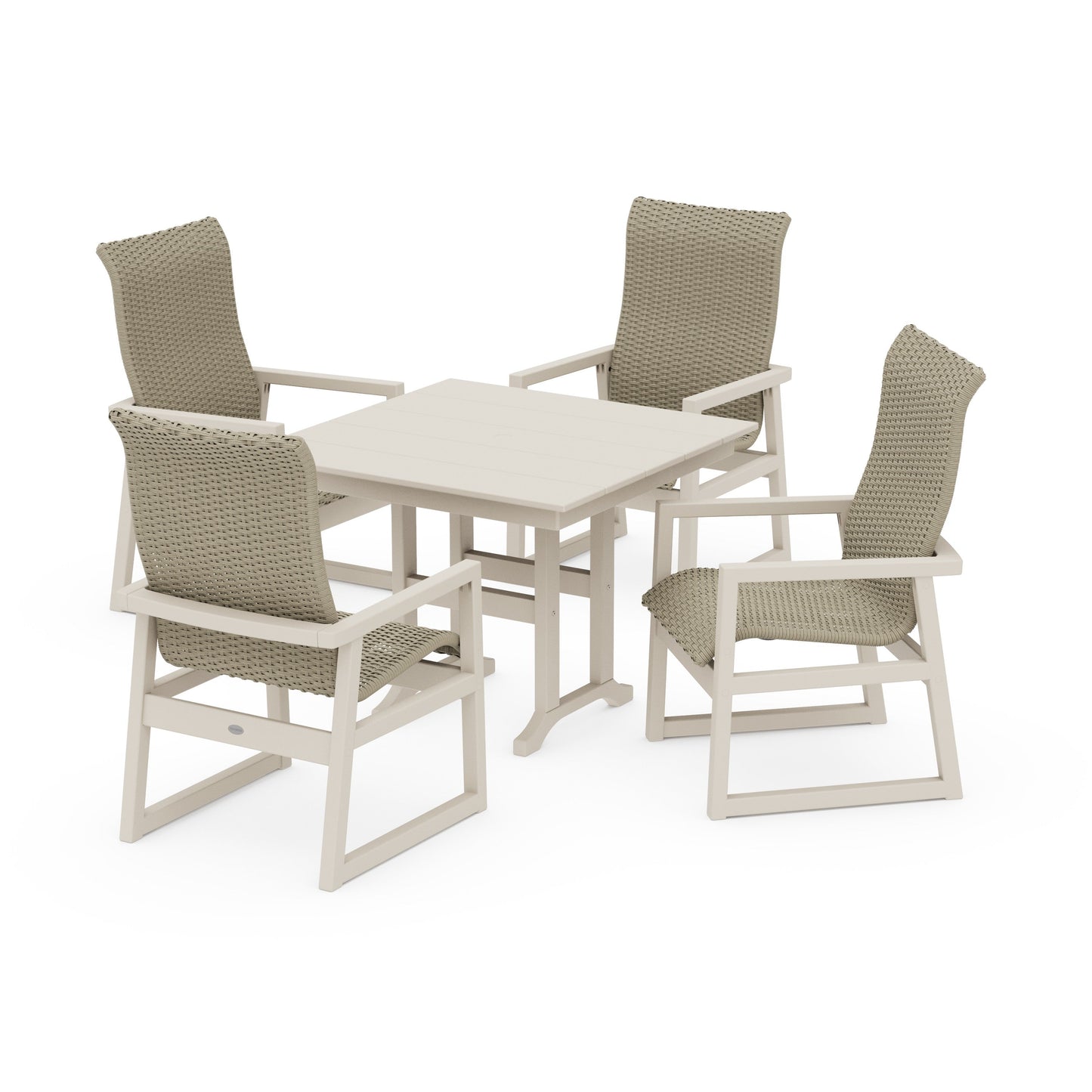 POLYWOOD EDGE Woven Highback 5-Piece Farmhouse Dining Set — Sand / Dune Grass
