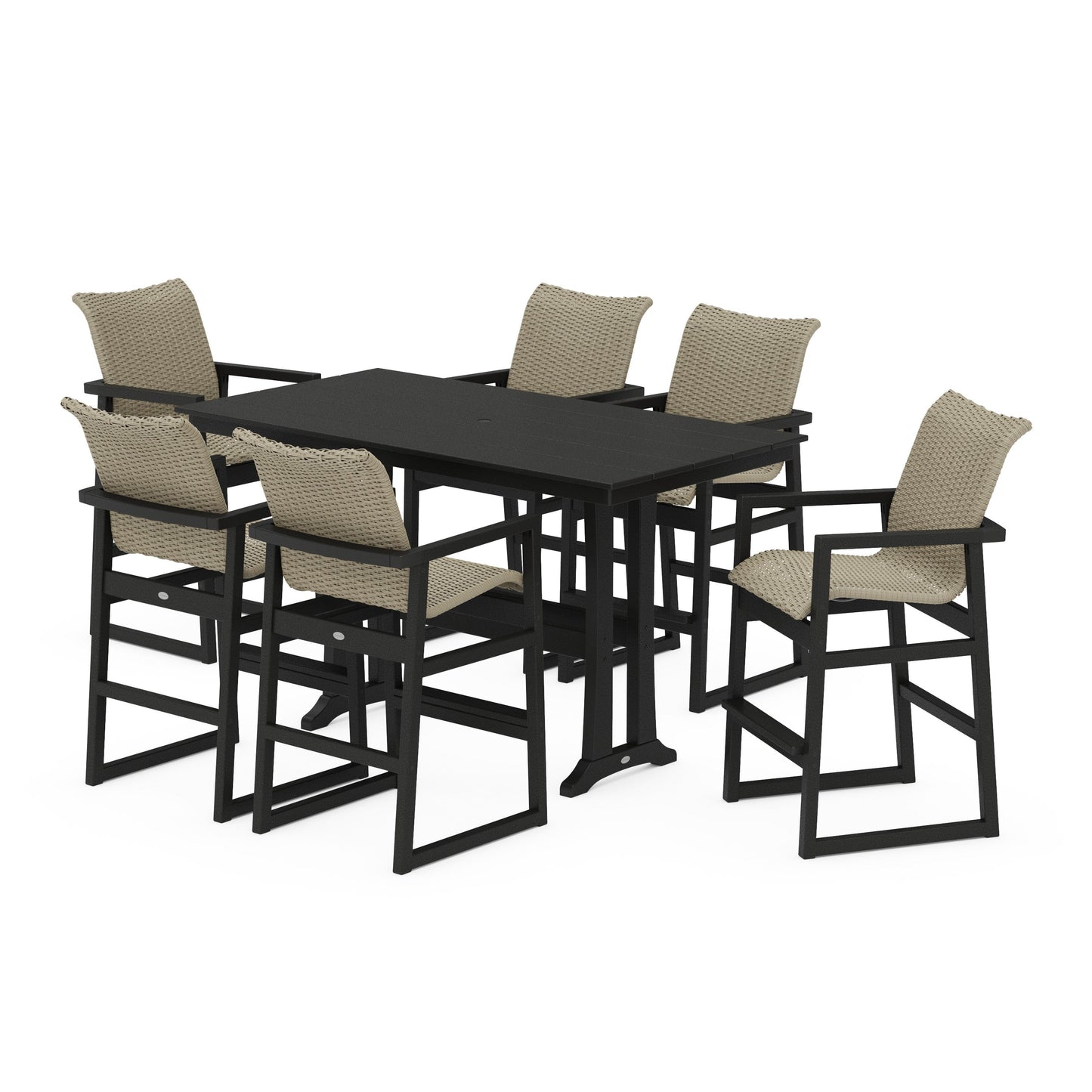 POLYWOOD EDGE Woven Arm Chair 7-Piece Farmhouse Bar Set with Trestle Legs — Black / Dune Grass