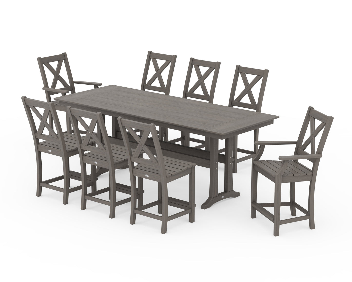 POLYWOOD Braxton 9-Piece Farmhouse Counter Set with Trestle Legs — Driftwood
