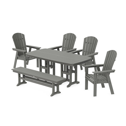 POLYWOOD Nautical Curveback Adirondack 6-Piece Dining Set with Bench — Slate Grey