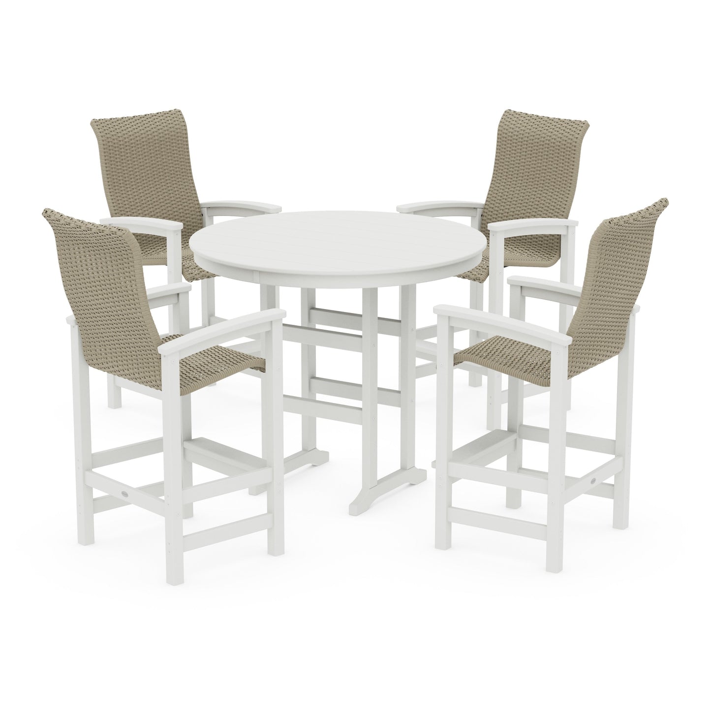 POLYWOOD Coastal Woven High-Back 5-Piece Round Farmhouse Bar Set — White / Dune Grass