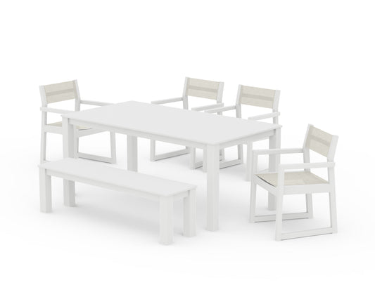 POLYWOOD EDGE Sling Arm Chair 6-Piece Parsons Dining Set with Bench — White / Parchment Sling