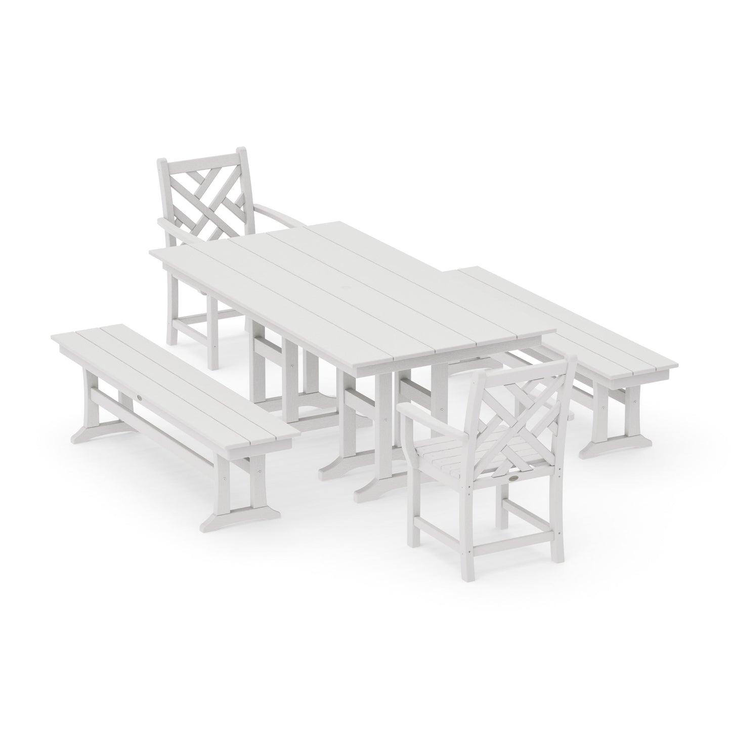 POLYWOOD Chippendale 5-Piece Farmhouse Dining Set with Benches — Vintage White