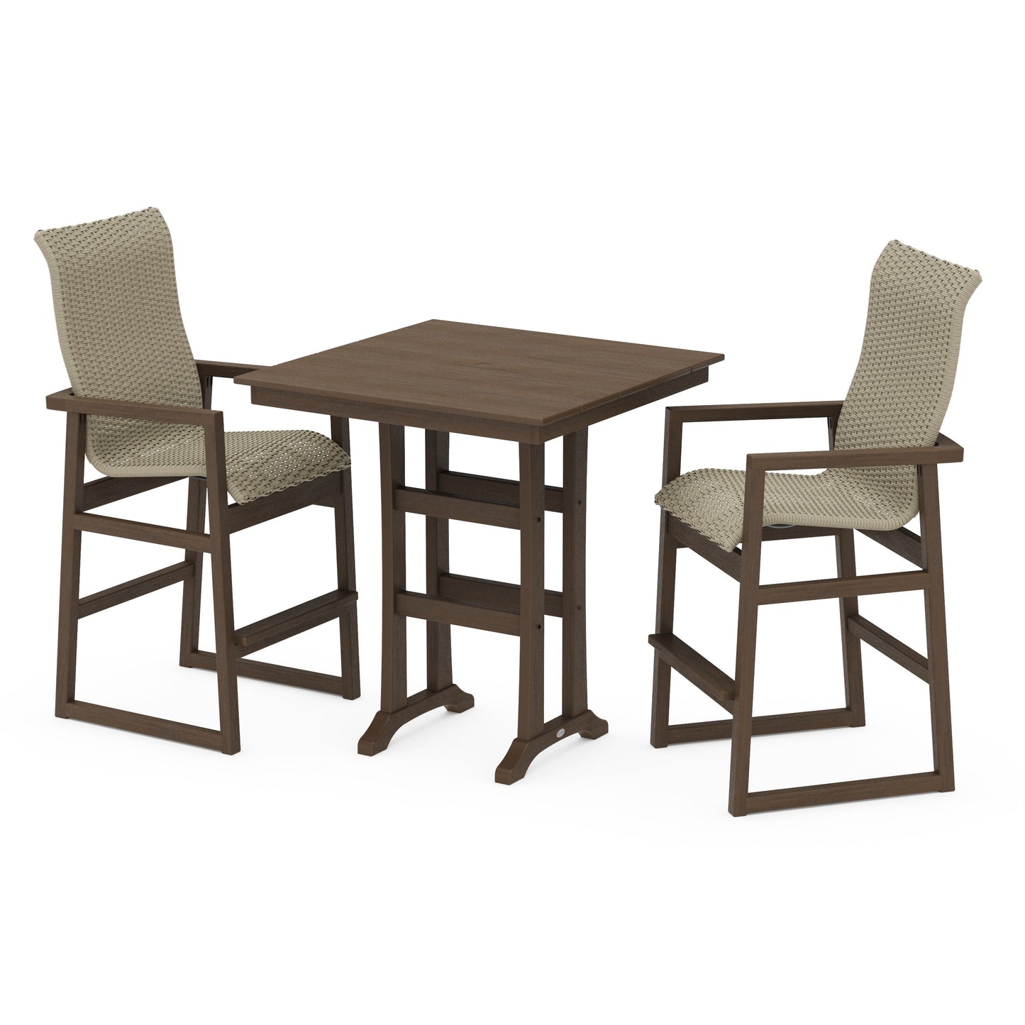 POLYWOOD EDGE Woven Highback 3-Piece Farmhouse Bar Set with Trestle Legs — Kona / Dune Grass
