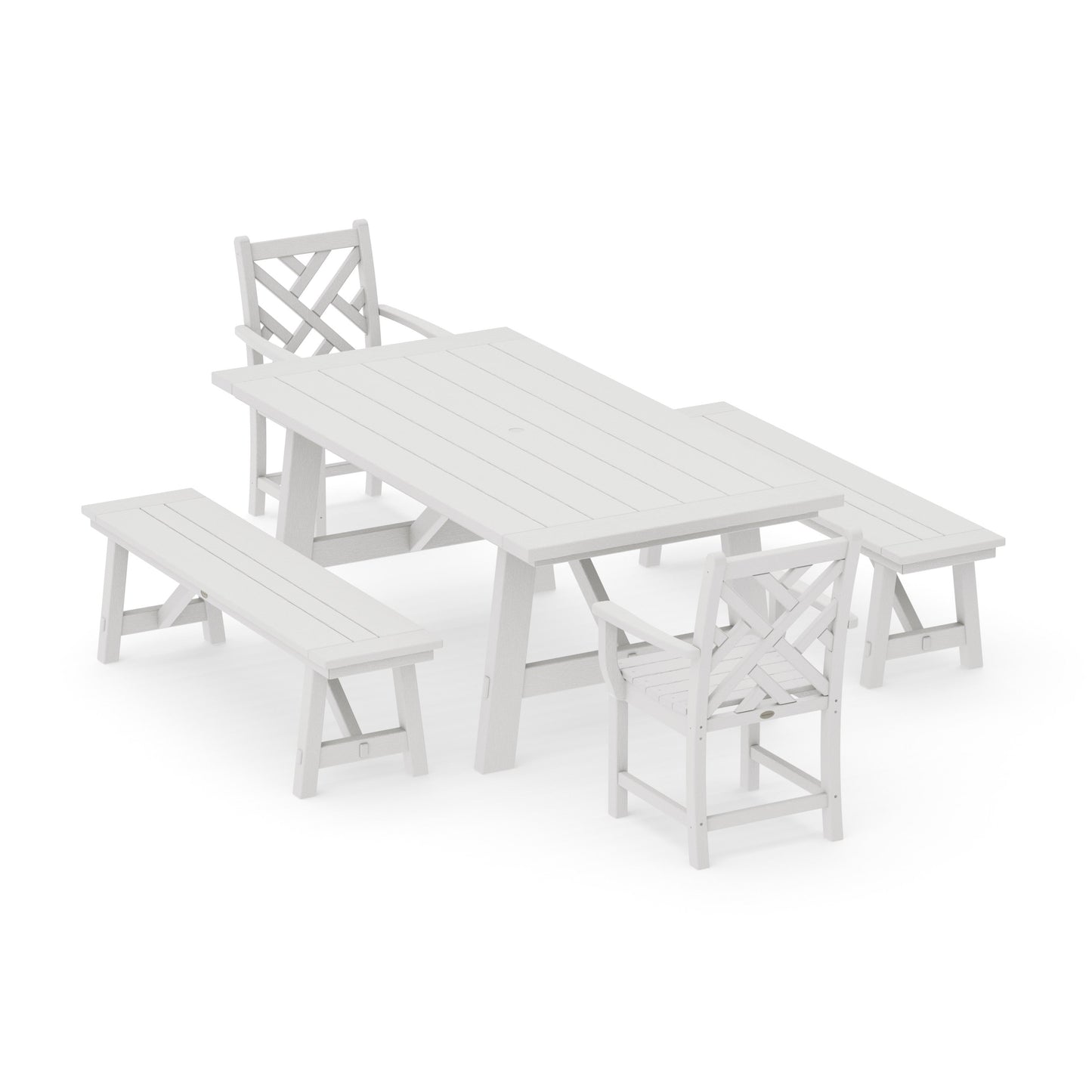 POLYWOOD Chippendale 5-Piece Rustic Farmhouse Dining Set With Benches — Vintage White