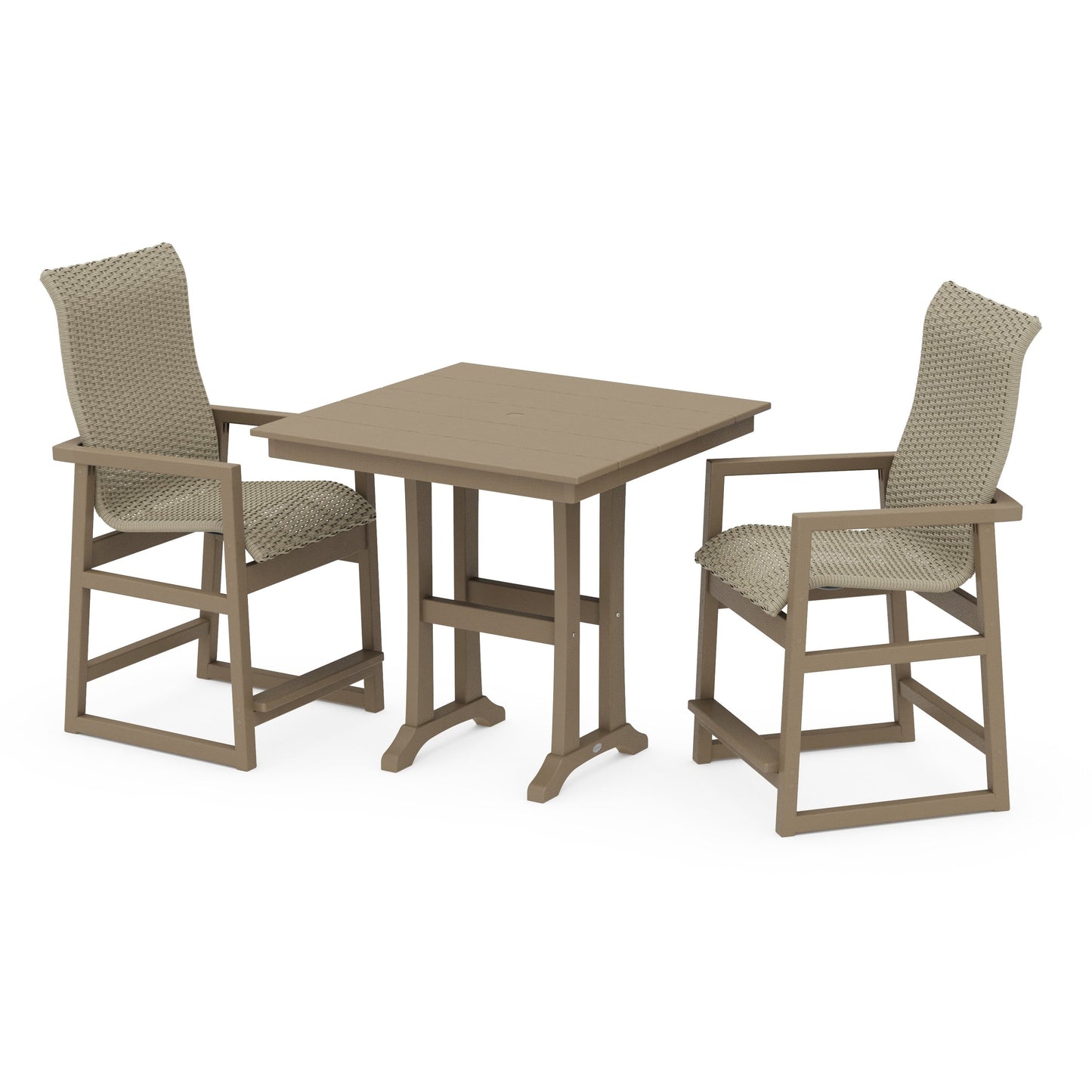 POLYWOOD EDGE Woven Highback 3-Piece Farmhouse Counter Set with Trestle Legs — Vintage Sahara / Dune Grass