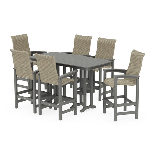 POLYWOOD Coastal Woven High-Back Arm Chair 7-Piece Bar Set — Slate Grey / Dune Grass