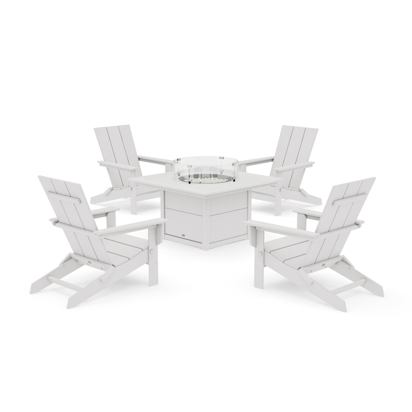 POLYWOOD 5-Piece Modern Studio Folding Adirondack Conversation Set with Fire Pit Table — Vintage White