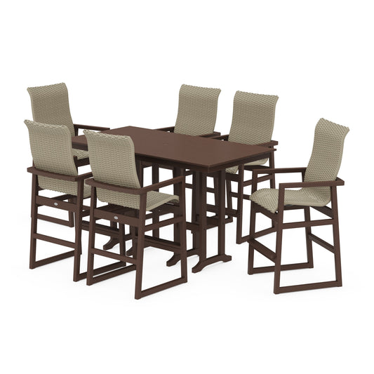POLYWOOD EDGE Woven Highback Arm Chair 7-Piece Farmhouse Bar Set — Mahogany / Dune Grass