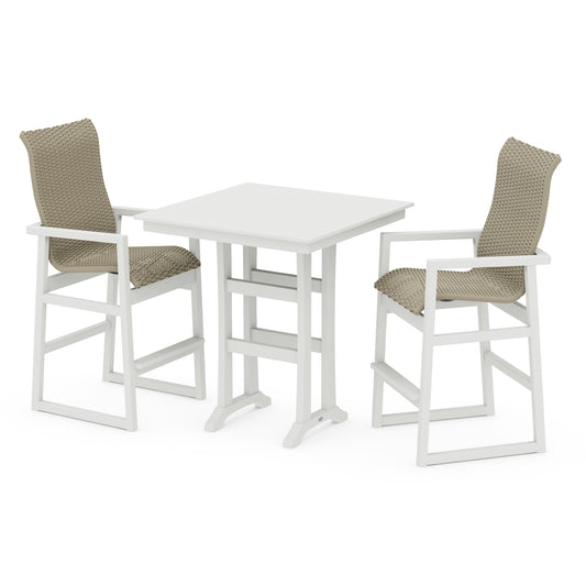 POLYWOOD EDGE Woven Highback 3-Piece Farmhouse Bar Set with Trestle Legs — Vintage White / Dune Grass