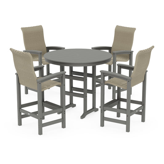 POLYWOOD Coastal Woven High-Back 5-Piece Round Farmhouse Bar Set — Slate Grey / Dune Grass