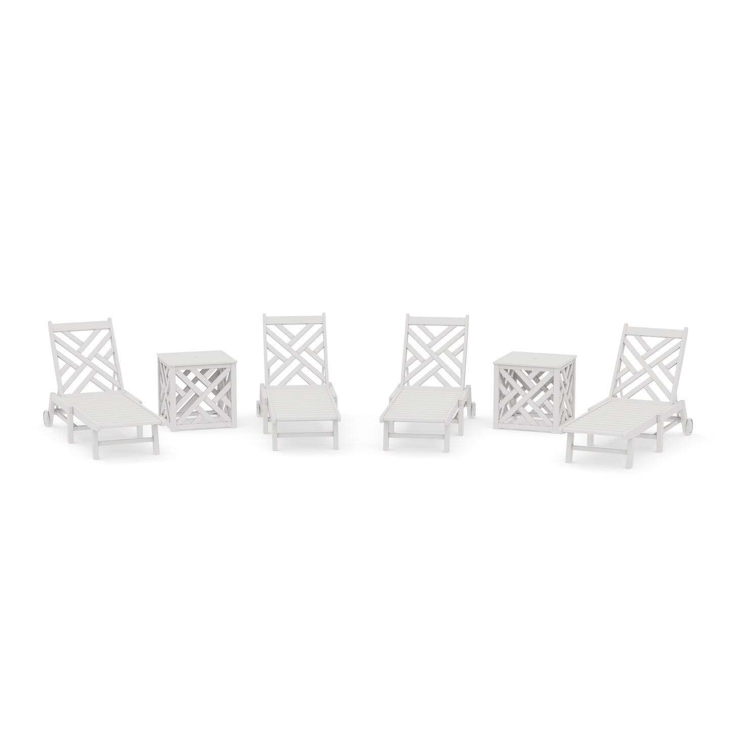 POLYWOOD Chippendale 6-Piece Chaise Set with Wheels and Umbrella Stand Accent Table — Vintage White