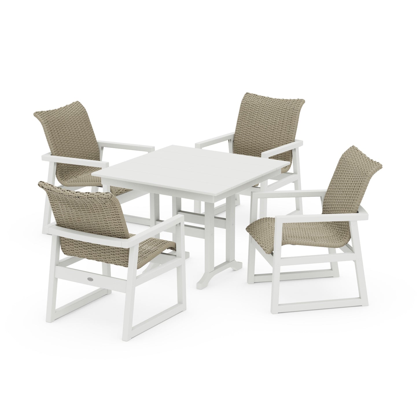 POLYWOOD EDGE Woven 5-Piece Farmhouse Dining Set — White / Dune Grass