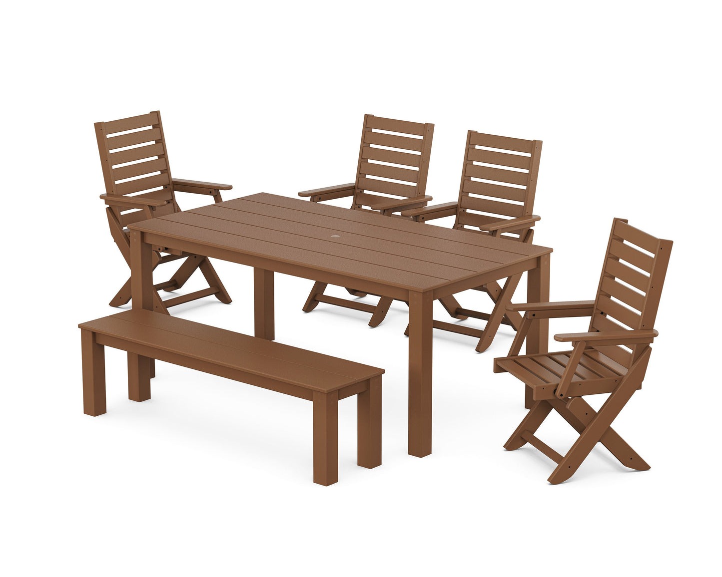 POLYWOOD Captain Folding Chair 6-Piece Parsons Dining Set with Bench — Teak