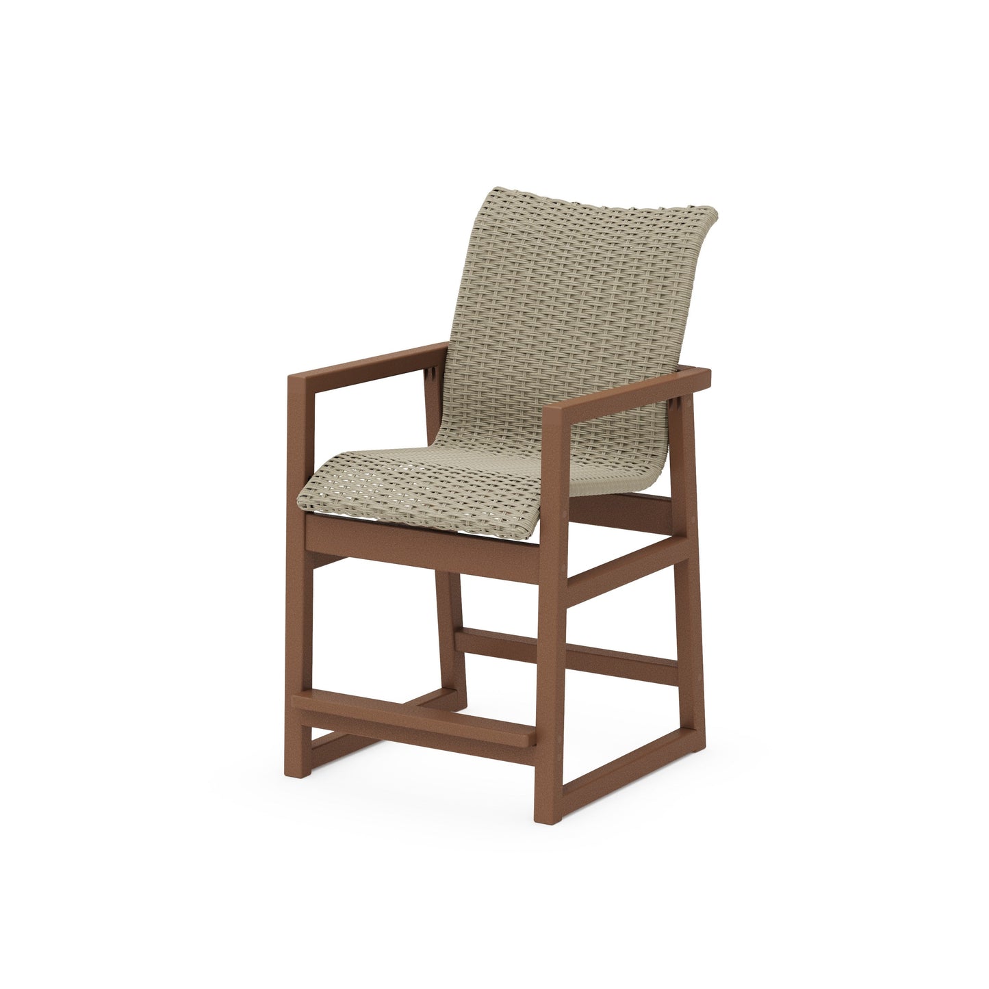 POLYWOOD EDGE Woven Counter Arm Chair — Teak / Dune Grass