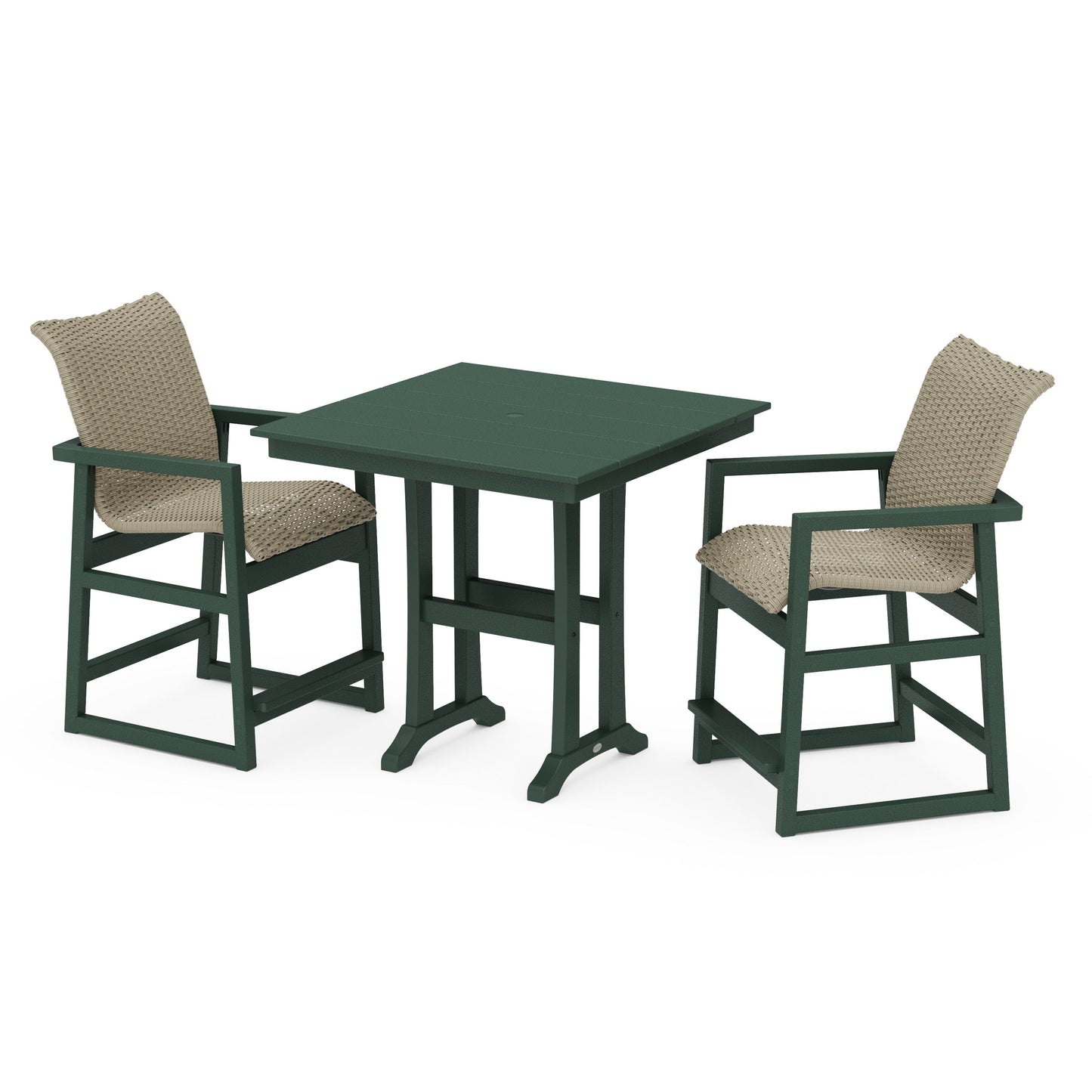 POLYWOOD EDGE Woven 3-Piece Farmhouse Counter Set with Trestle Legs — Green / Dune Grass