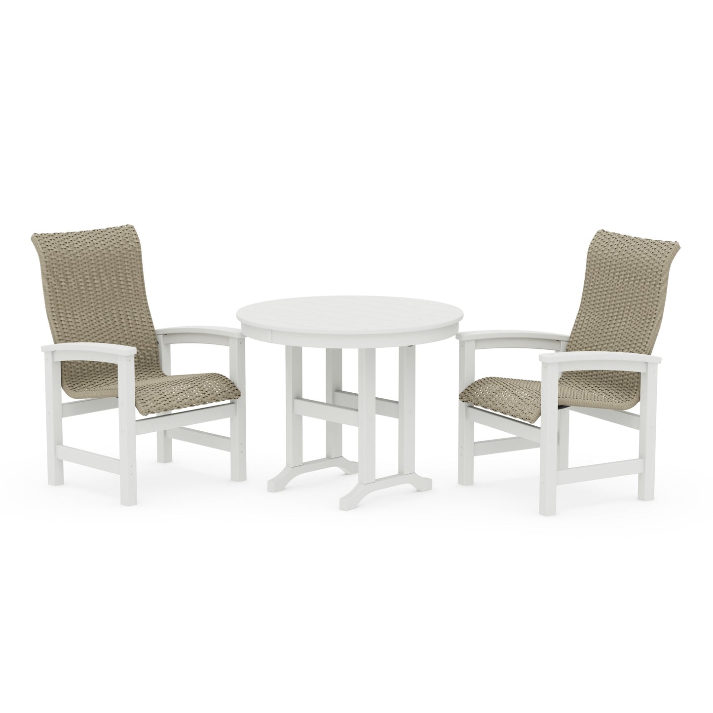 POLYWOOD Coastal Woven High-Back 3-Piece Farmhouse Dining Set — White / Dune Grass