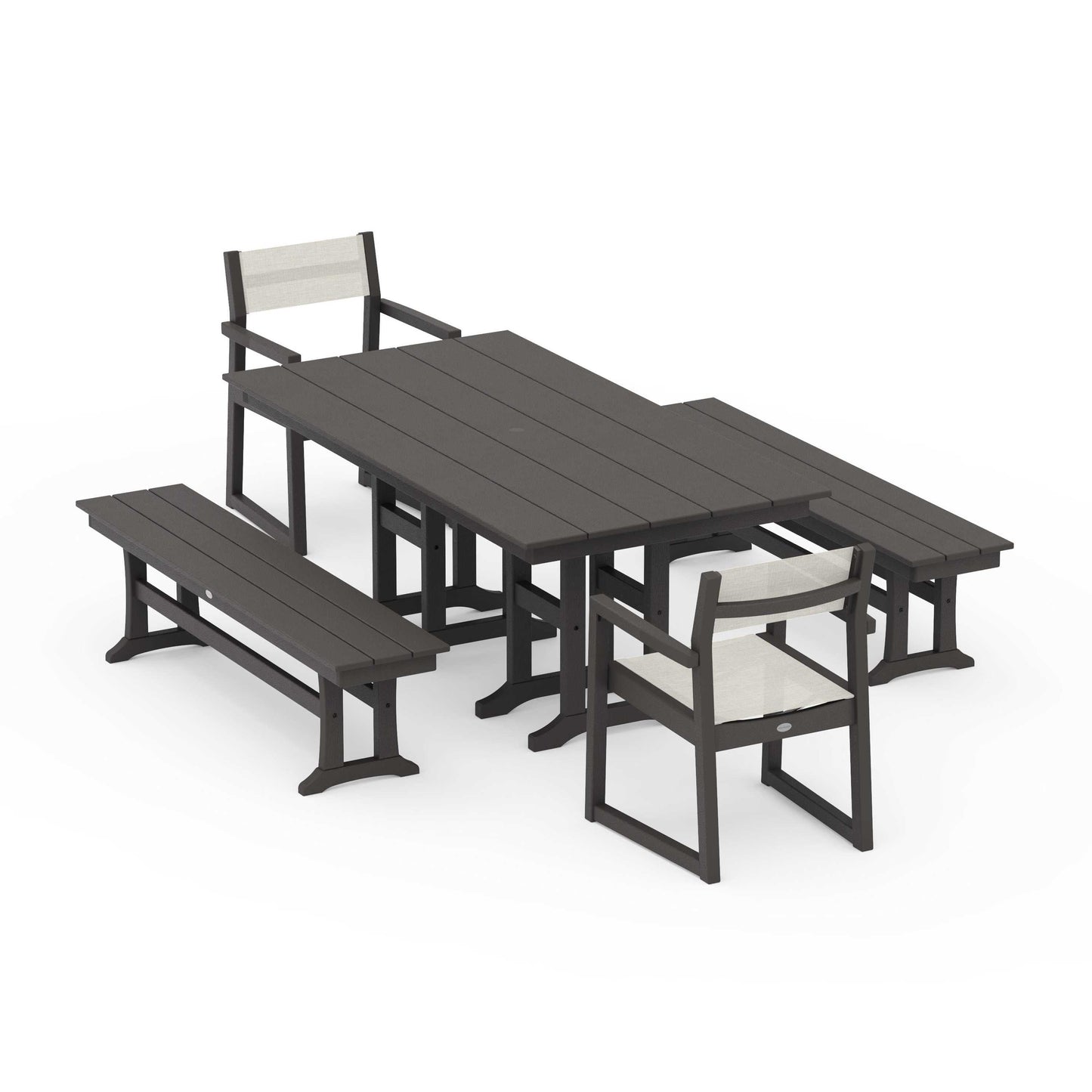 POLYWOOD EDGE Sling Arm Chair 5-Piece Farmhouse Dining Set with Benches — Vintage Coffee / Parchment Sling