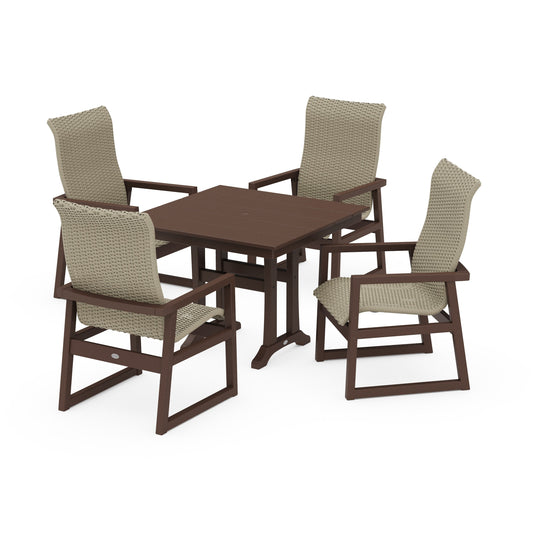 POLYWOOD EDGE Woven Highback 5-Piece Farmhouse Dining Set with Trestle Legs — Mahogany / Dune Grass