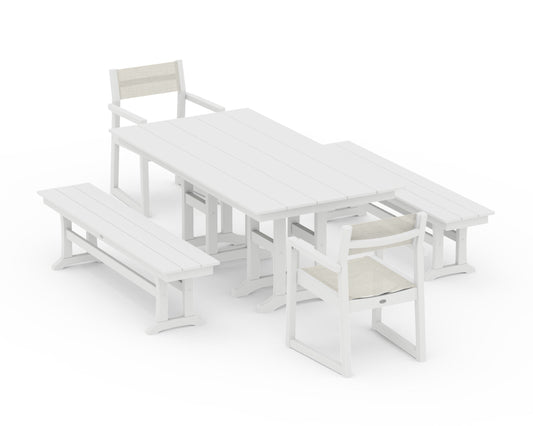 POLYWOOD EDGE Sling Arm Chair 5-Piece Farmhouse Dining Set with Benches — White / Parchment Sling