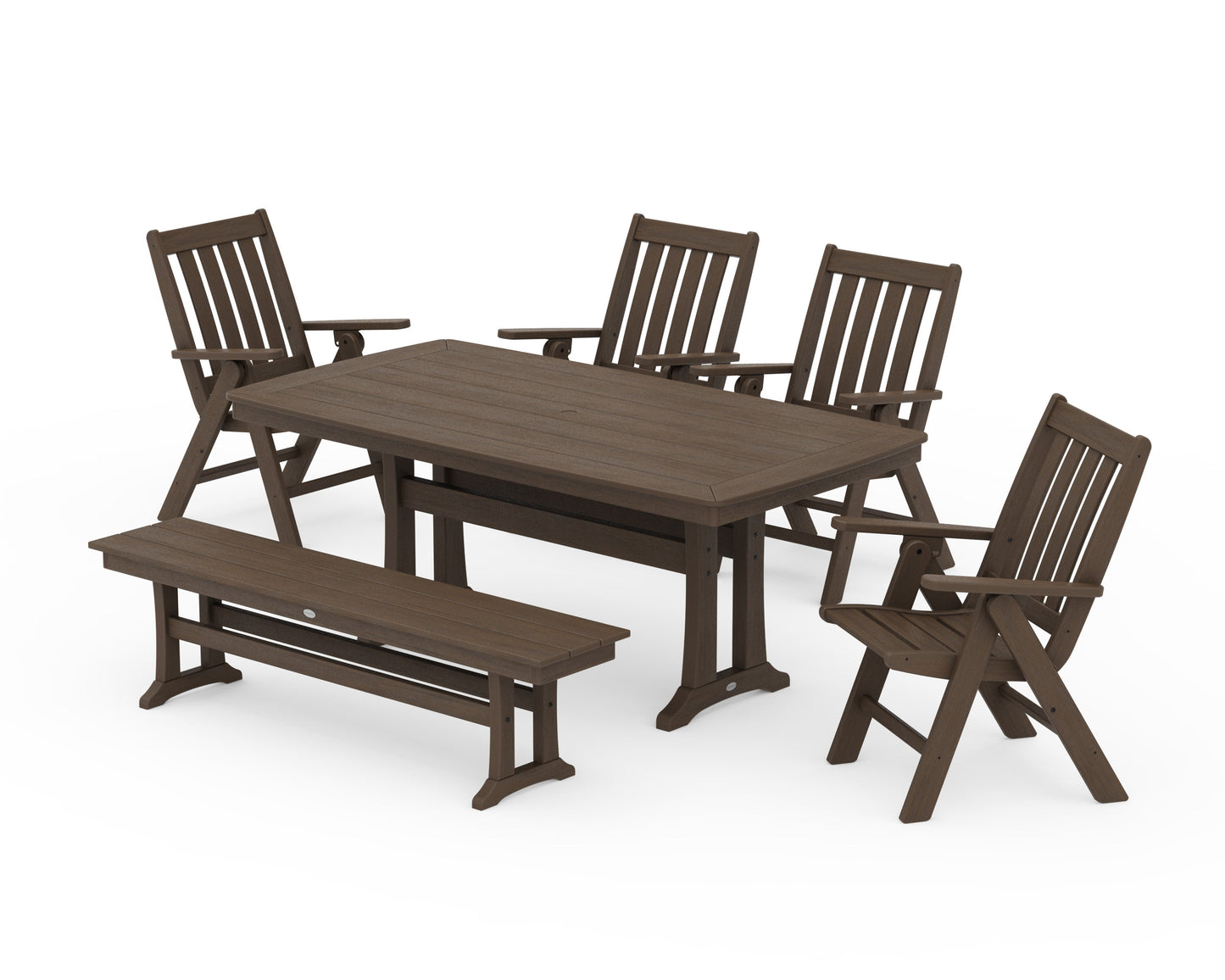 POLYWOOD Vineyard Folding Chair 6-Piece Dining Set with Trestle Legs and Bench — Kona