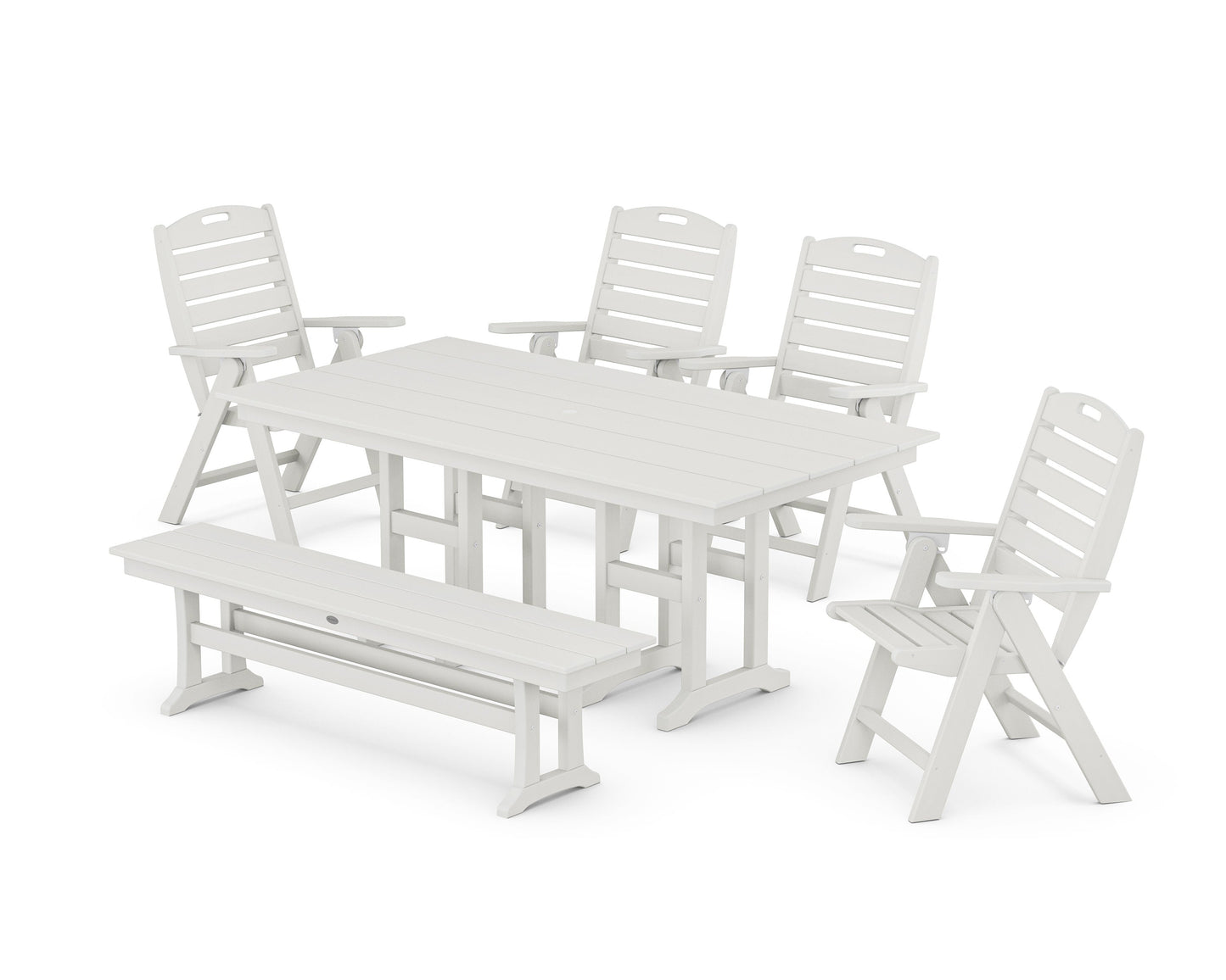 POLYWOOD Nautical Highback 6-Piece Farmhouse Dining Set with Bench — Vintage White