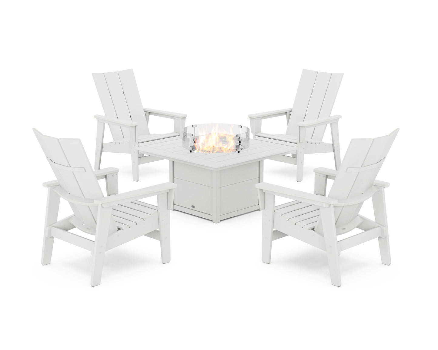 POLYWOOD 5-Piece Modern Grand Upright Adirondack Conversation Set with Fire Pit Table — White
