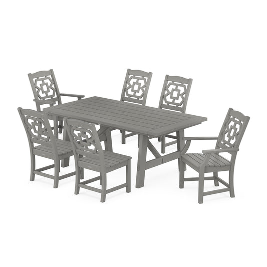POLYWOOD Chinoiserie 7-Piece Rustic Farmhouse Dining Set — Slate Grey