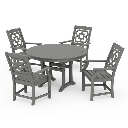 POLYWOOD Chinoiserie 5-Piece Round Dining Set with Trestle Legs — Slate Grey