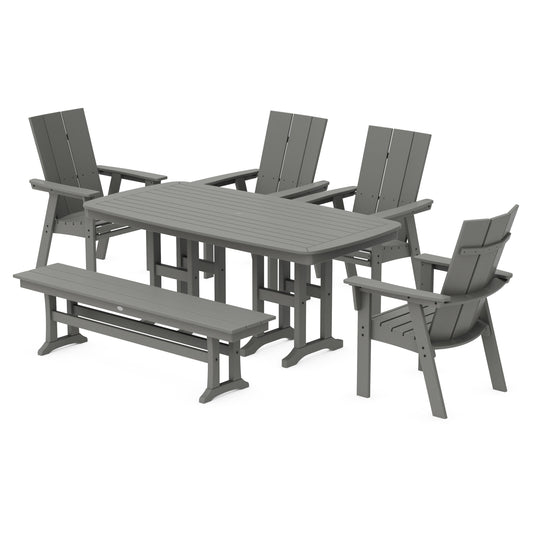 POLYWOOD Modern Curveback Adirondack 6-Piece Dining Set with Bench — Slate Grey