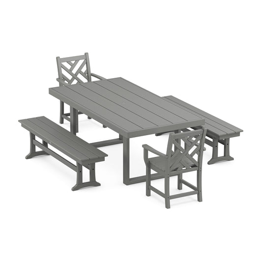 POLYWOOD Chippendale 5-Piece Dining Set with Benches — Slate Grey