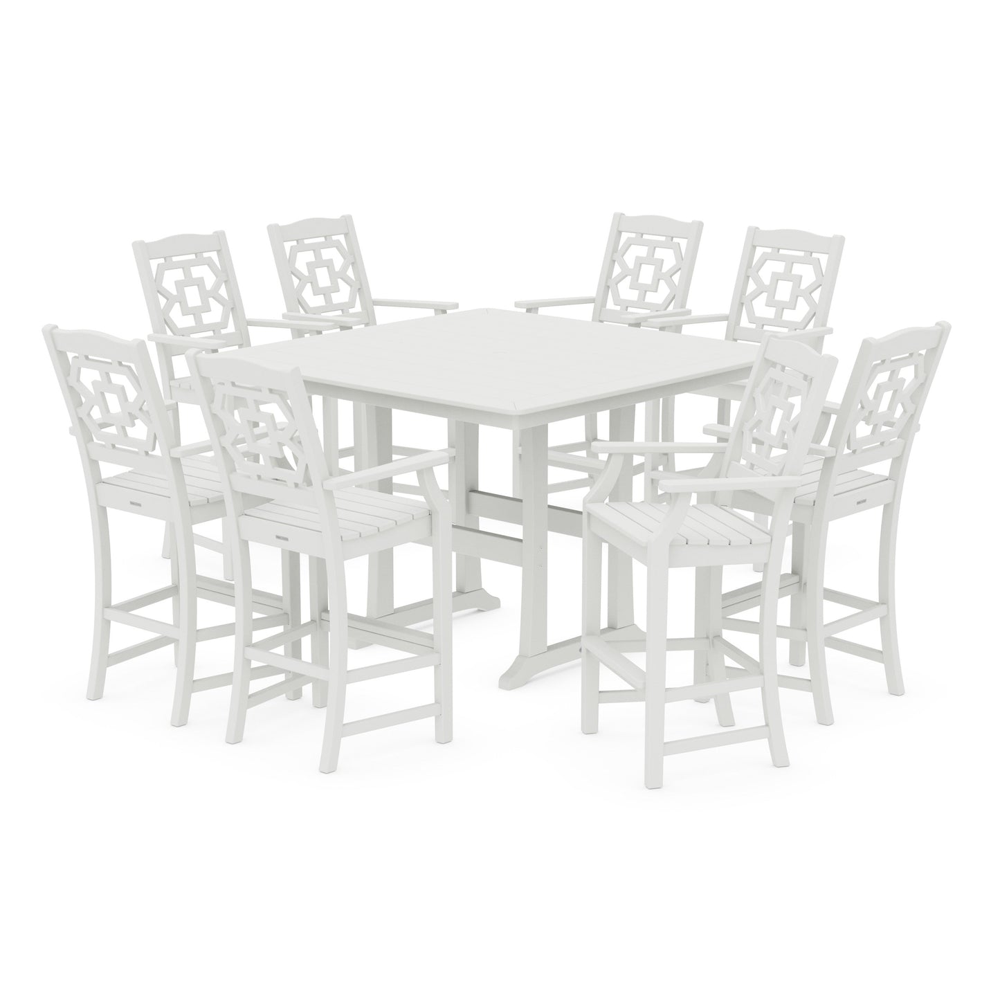 POLYWOOD Chinoiserie 9-Piece Square Bar Set with Trestle Legs — Vintage White