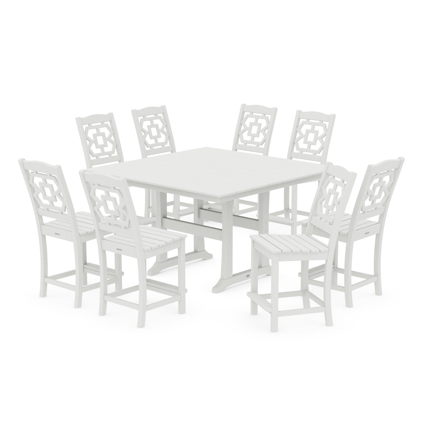 POLYWOOD Chinoiserie 9-Piece Square Farmhouse Side Chair Counter Set with Trestle Legs — Vintage White
